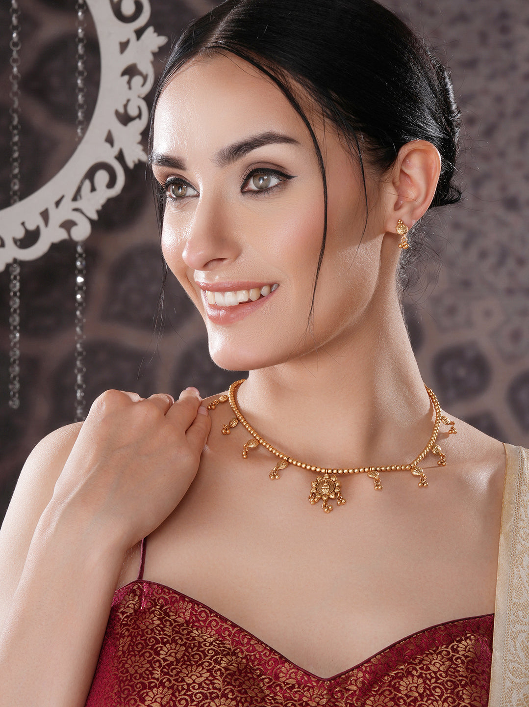 Gold Plated Gold Beads Delicate Temple Goddess Lakshmi Pendant  Minimal Jewellery Set