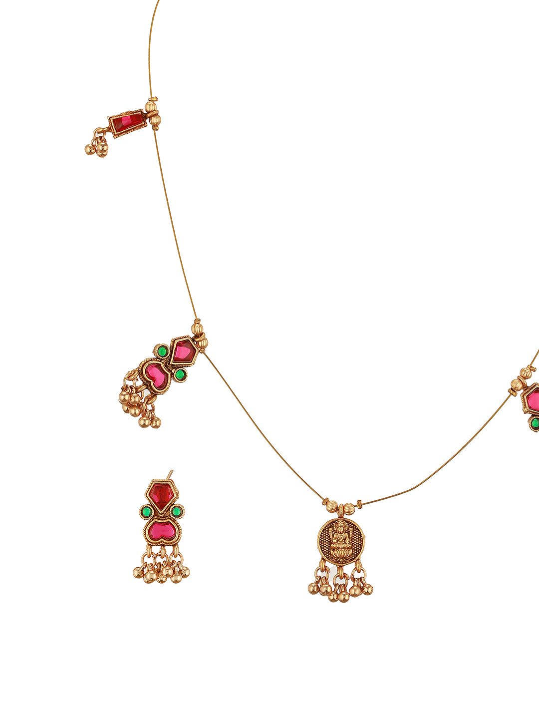 Gold Plated Enamelled  Invisible Chain Delicate Temple Goddess Lakshmi Pendant Minimal  Jewellery Set