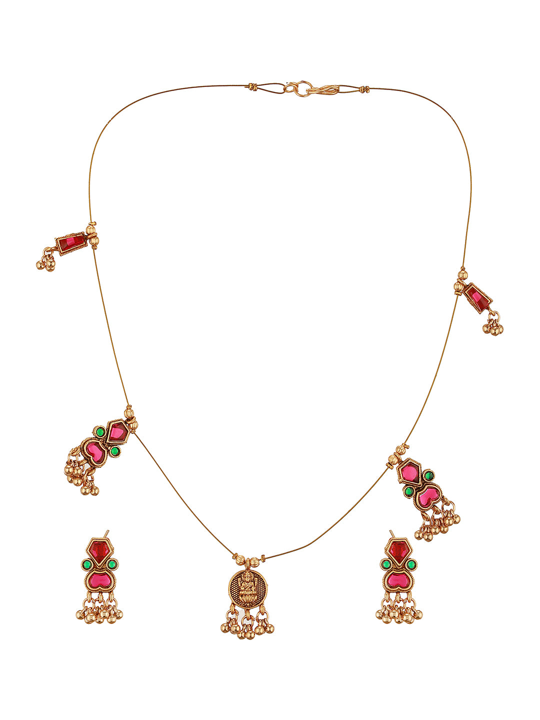 Gold Plated Enamelled  Invisible Chain Delicate Temple Goddess Lakshmi Pendant Minimal  Jewellery Set