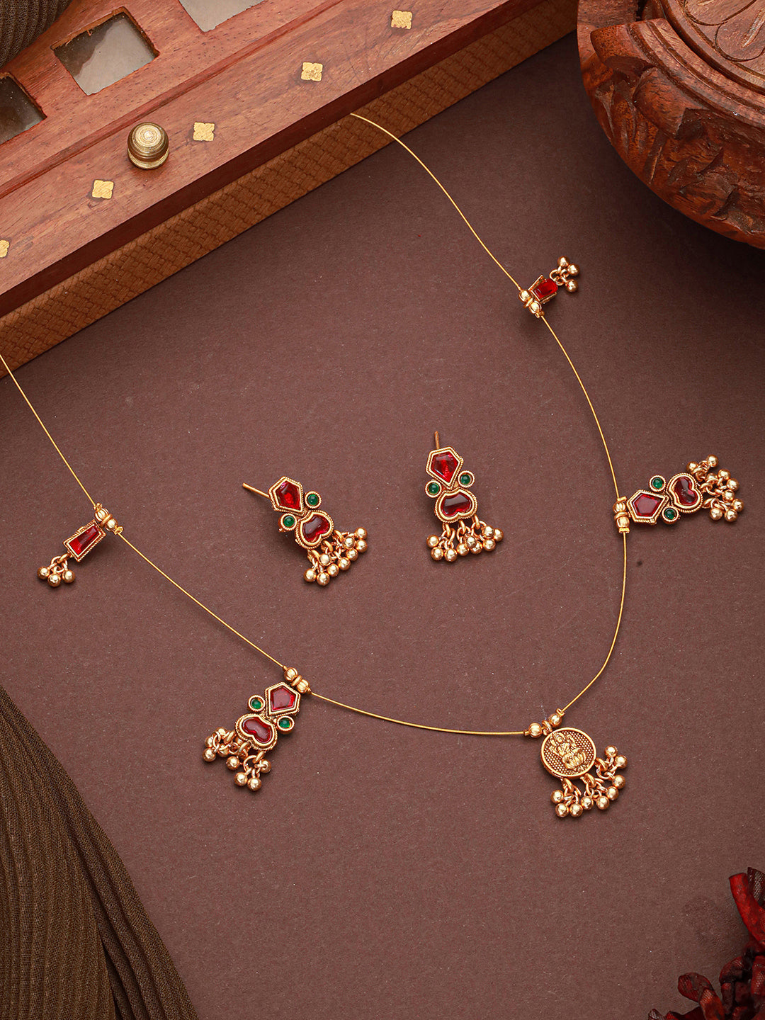 Gold Plated Enamelled  Invisible Chain Delicate Temple Goddess Lakshmi Pendant Minimal  Jewellery Set