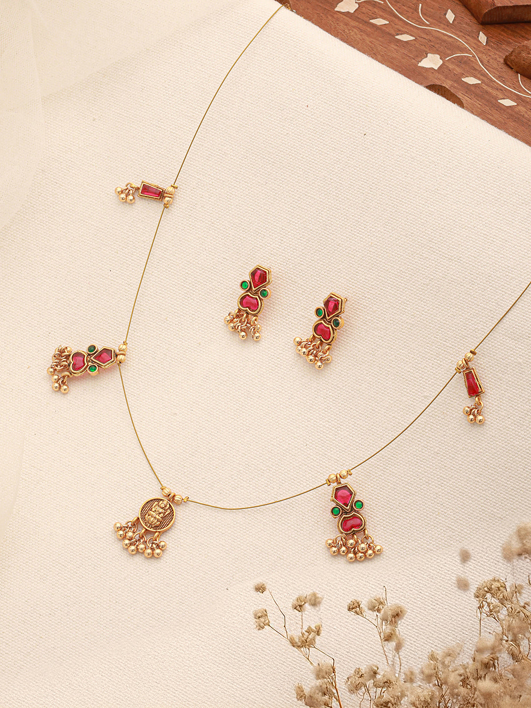 Gold Plated Enamelled  Invisible Chain Delicate Temple Goddess Lakshmi Pendant Minimal  Jewellery Set