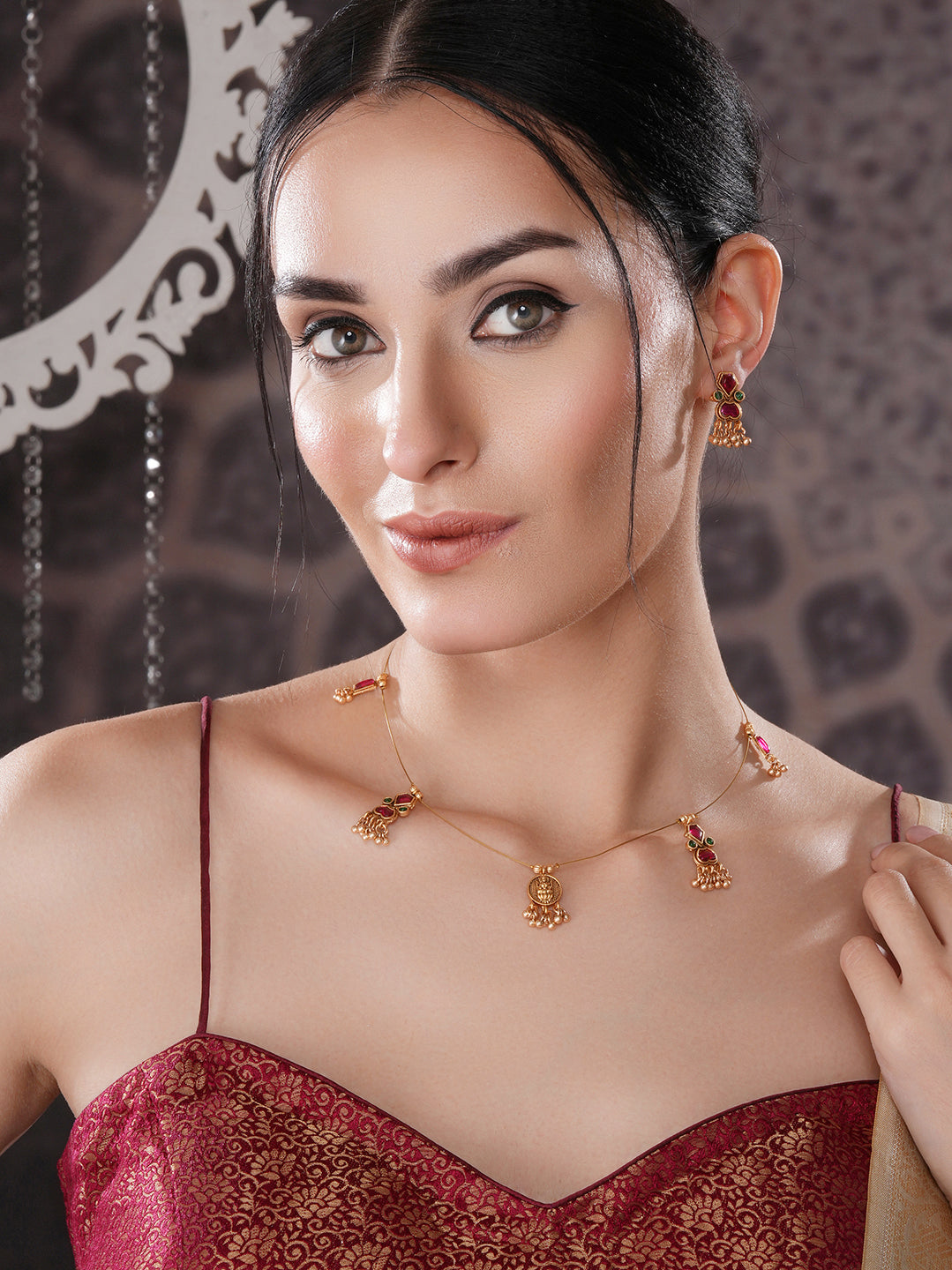 Gold Plated Enamelled  Invisible Chain Delicate Temple Goddess Lakshmi Pendant Minimal  Jewellery Set