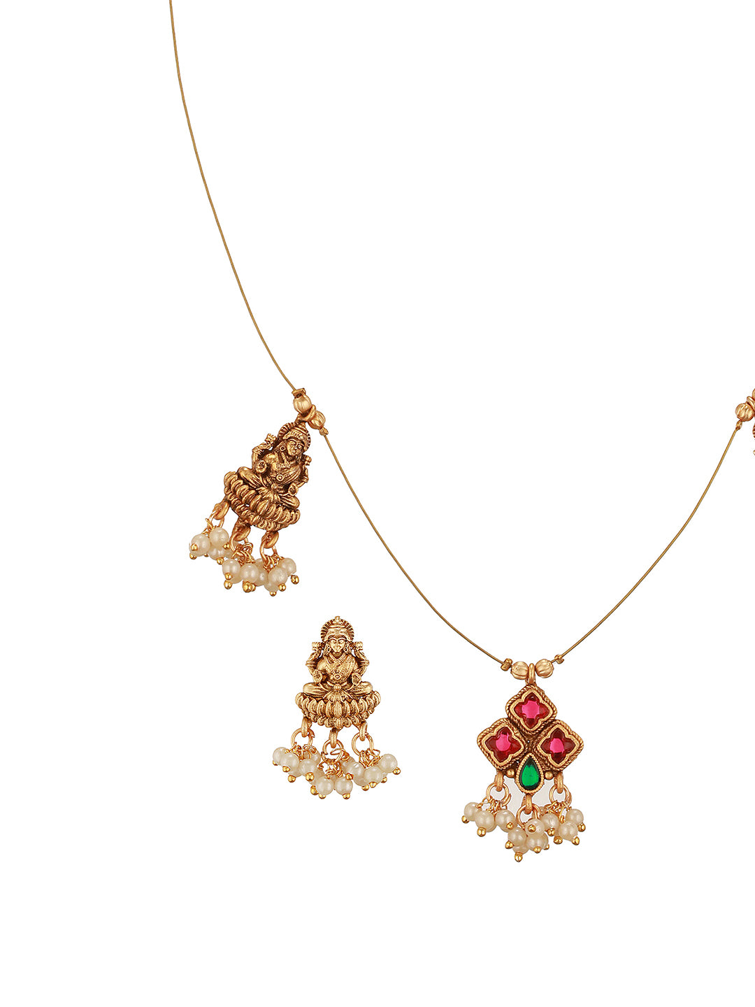 Gold Plated Pearl Beaded Invisible Chain  Temple Goddess Lakshmi Motif Pendant Jewellery Set
