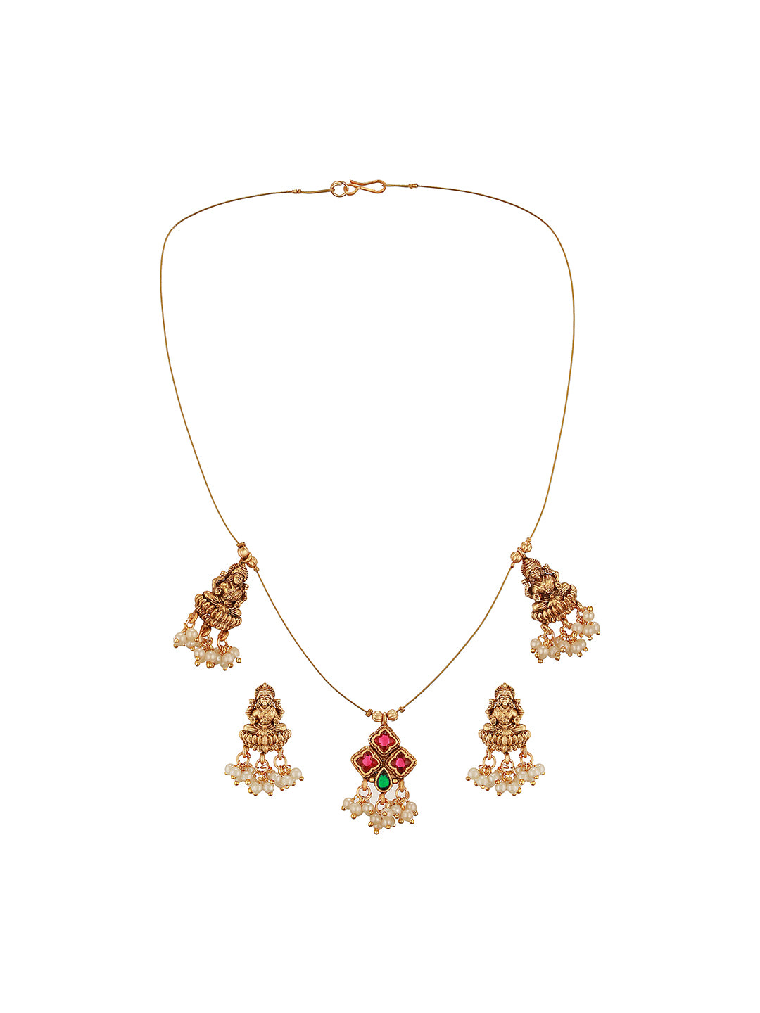 Gold Plated Pearl Beaded Invisible Chain  Temple Goddess Lakshmi Motif Pendant Jewellery Set
