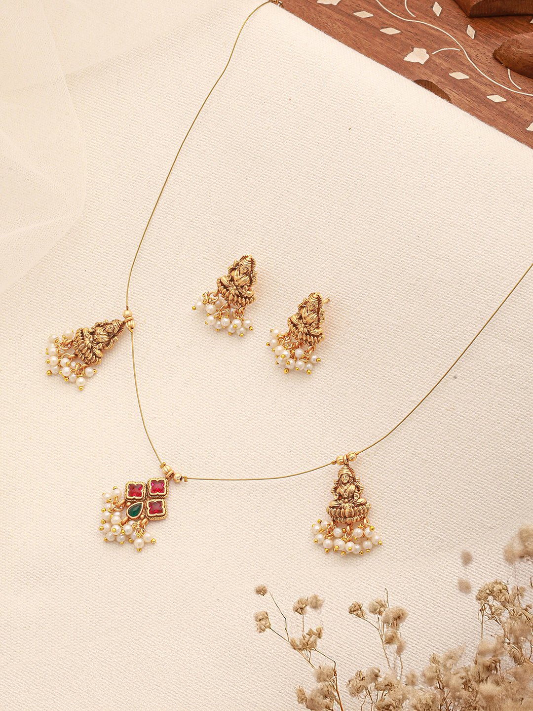 Gold Plated Pearl Beaded Invisible Chain  Temple Goddess Lakshmi Motif Pendant Jewellery Set