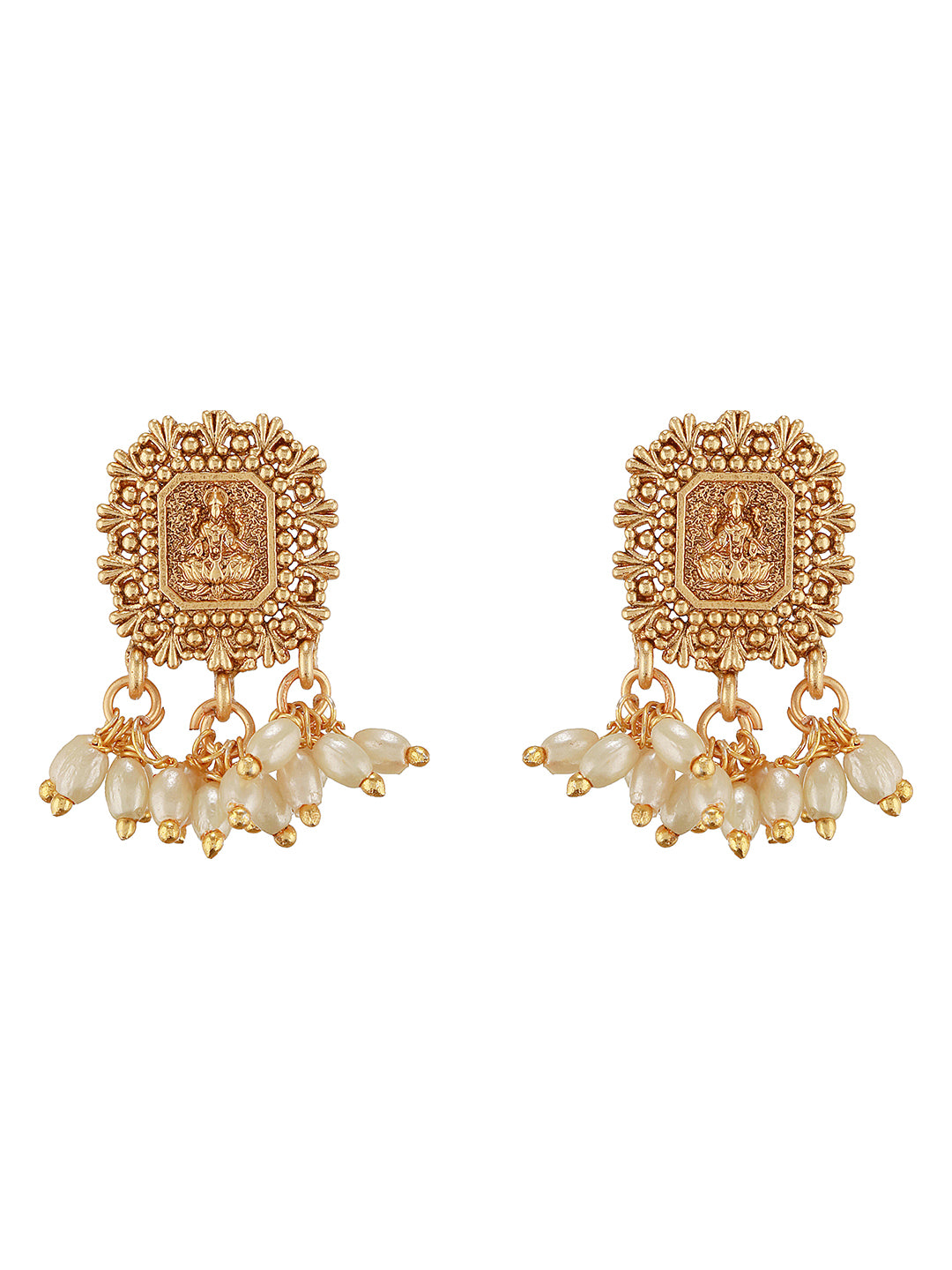 Gold Plated Pearl Beaded Invisible Chain Temple Lakshmi Motif Pendant Jewellery Set