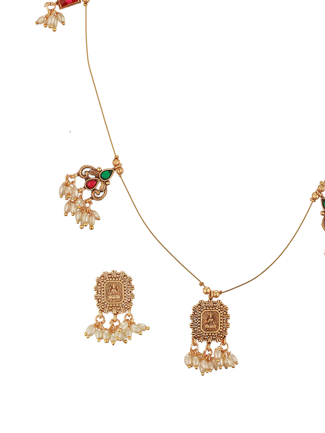 Gold Plated Pearl Beaded Invisible Chain Temple Lakshmi Motif Pendant Jewellery Set