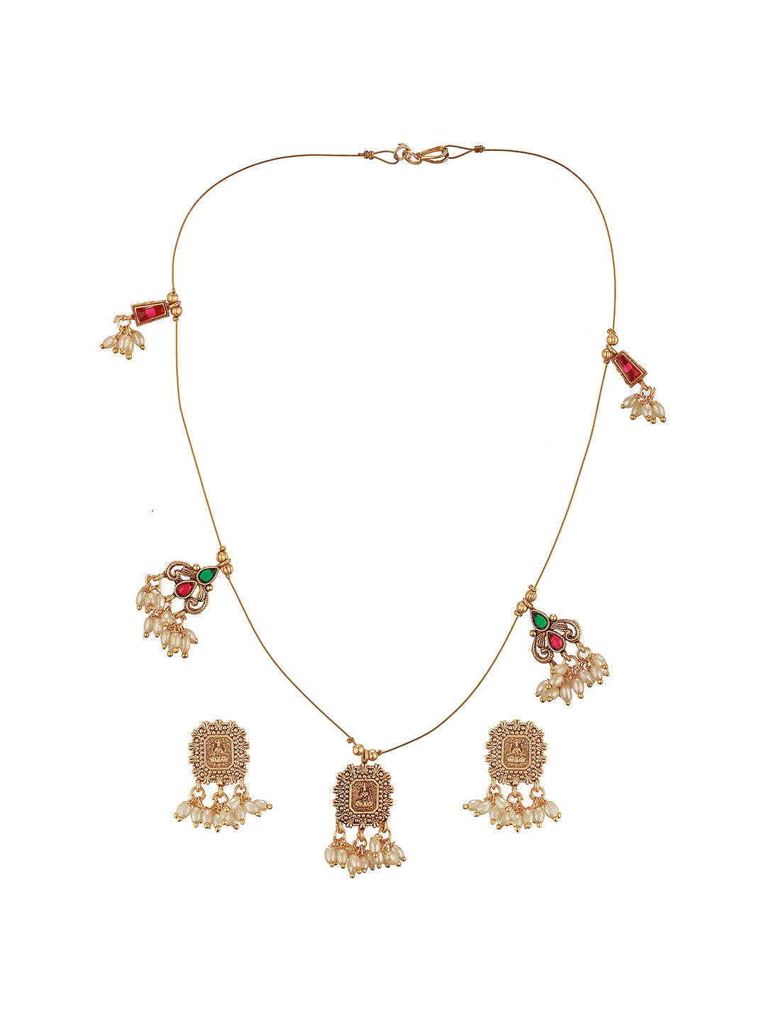 Gold Plated Pearl Beaded Invisible Chain Temple Lakshmi Motif Pendant Jewellery Set