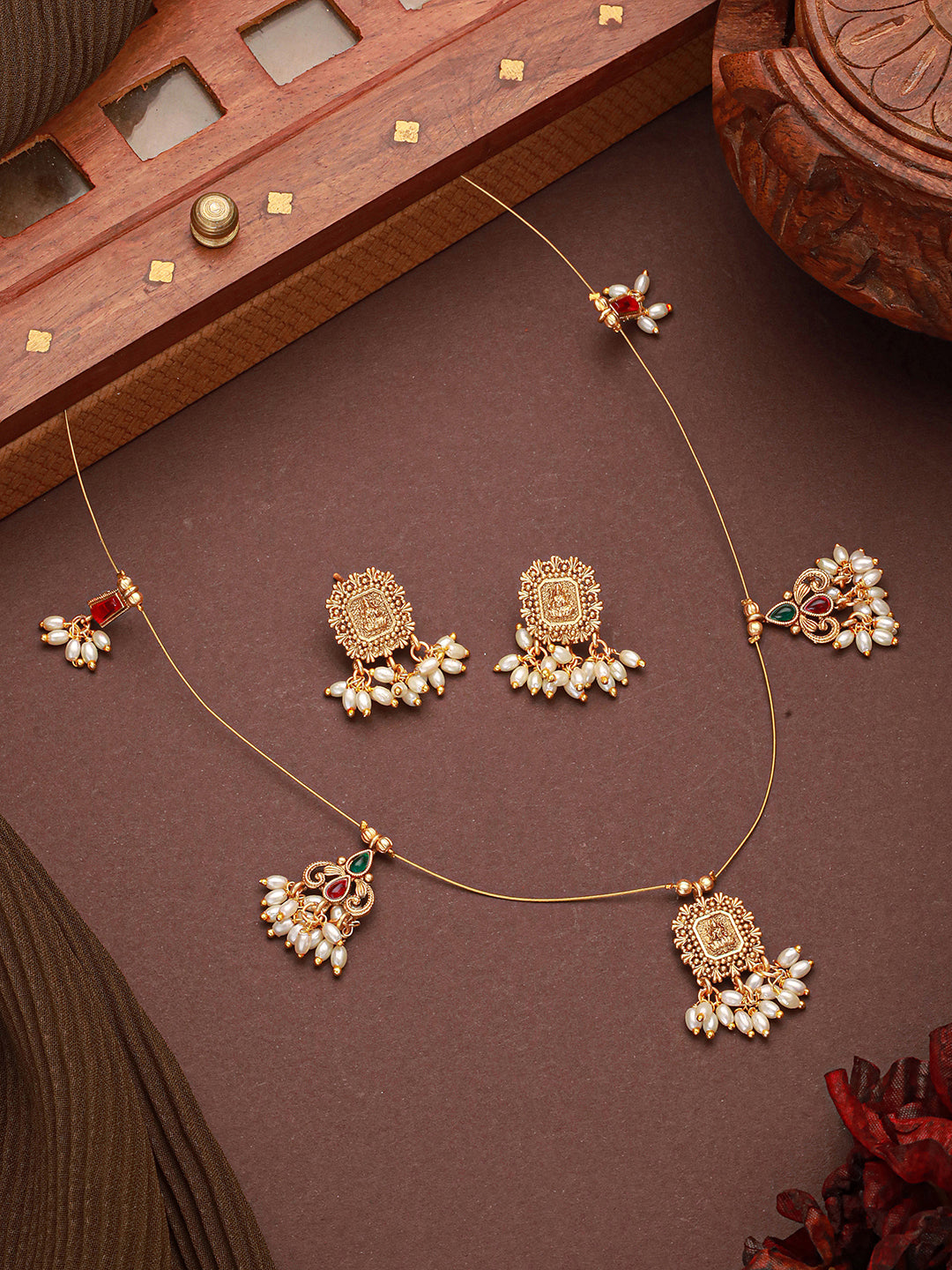 Gold Plated Pearl Beaded Invisible Chain Temple Lakshmi Motif Pendant Jewellery Set