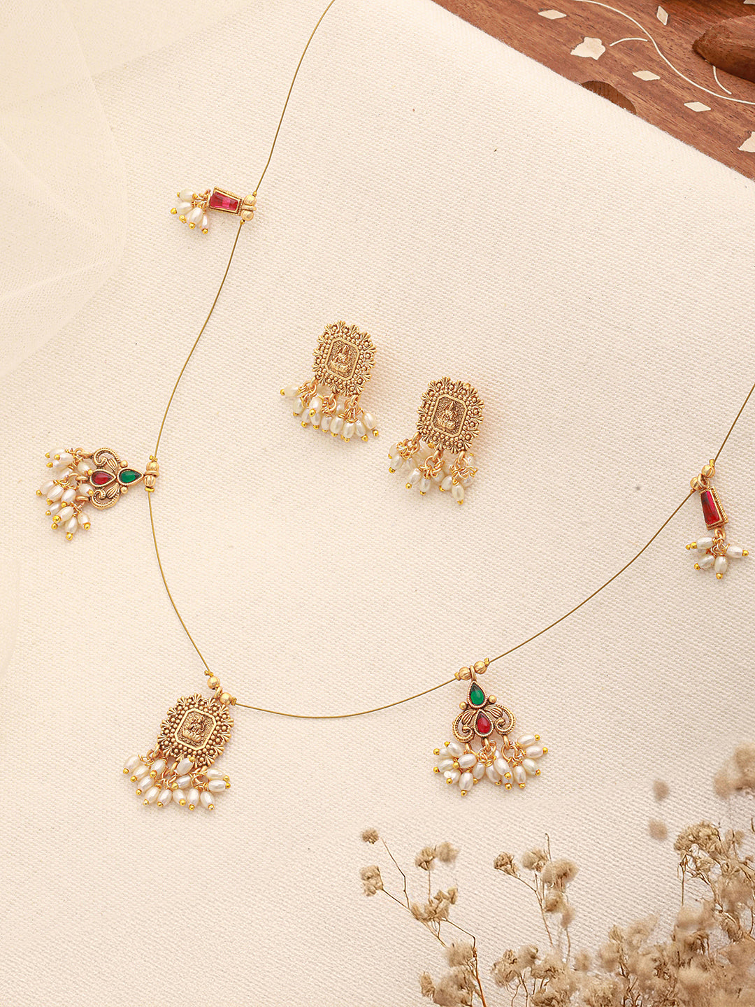 Gold Plated Pearl Beaded Invisible Chain Temple Lakshmi Motif Pendant Jewellery Set