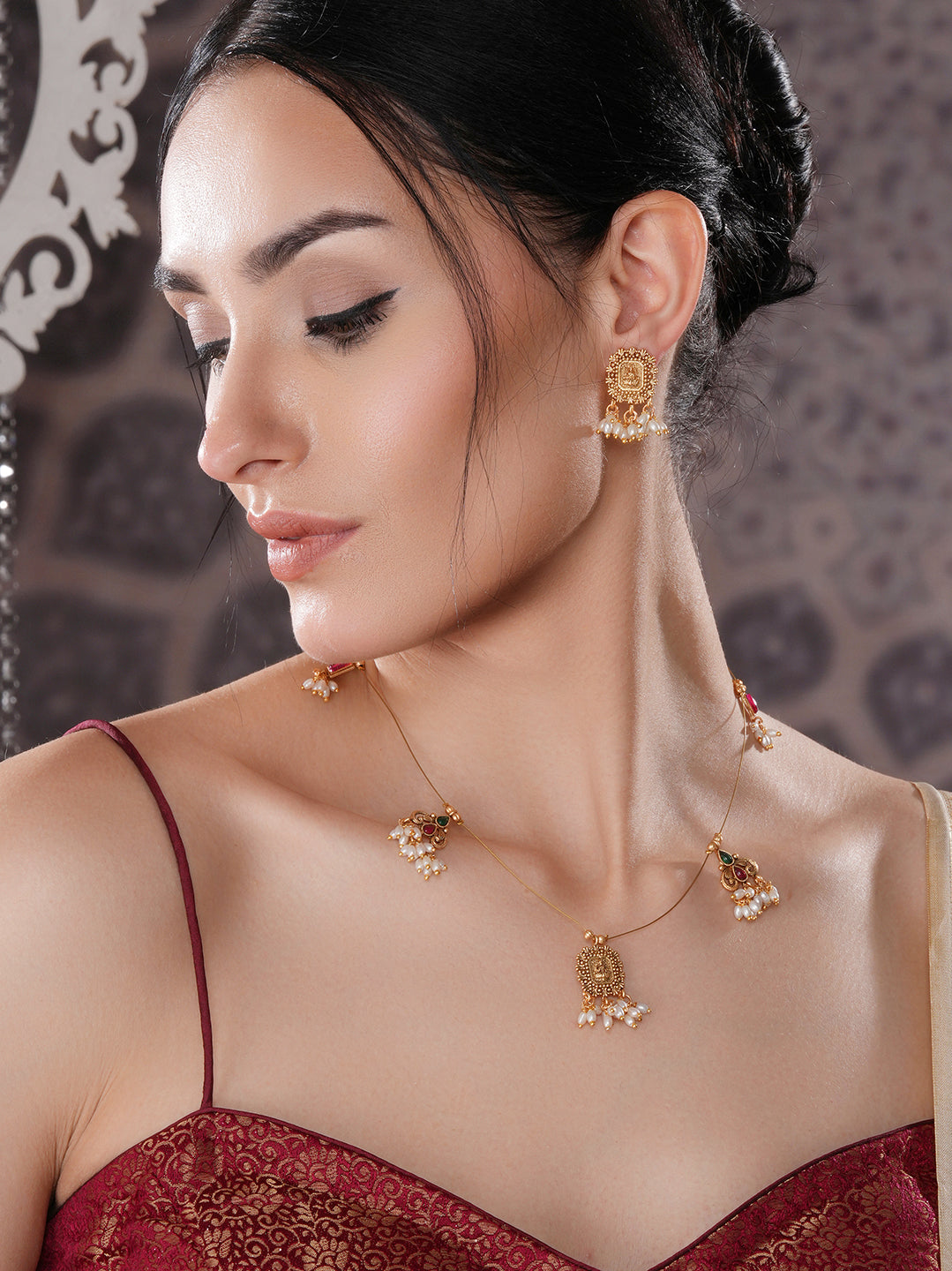 Gold Plated Pearl Beaded Invisible Chain Temple Lakshmi Motif Pendant Jewellery Set