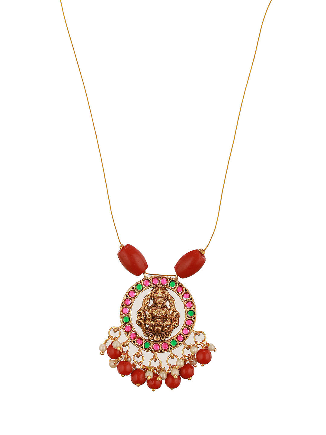 Gold Plated Coral Beaded Temple  Lakshmiji Minimal Invisible Necklace & Chain