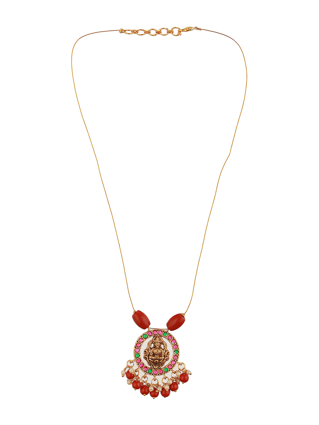 Gold Plated Coral Beaded Temple  Lakshmiji Minimal Invisible Necklace & Chain