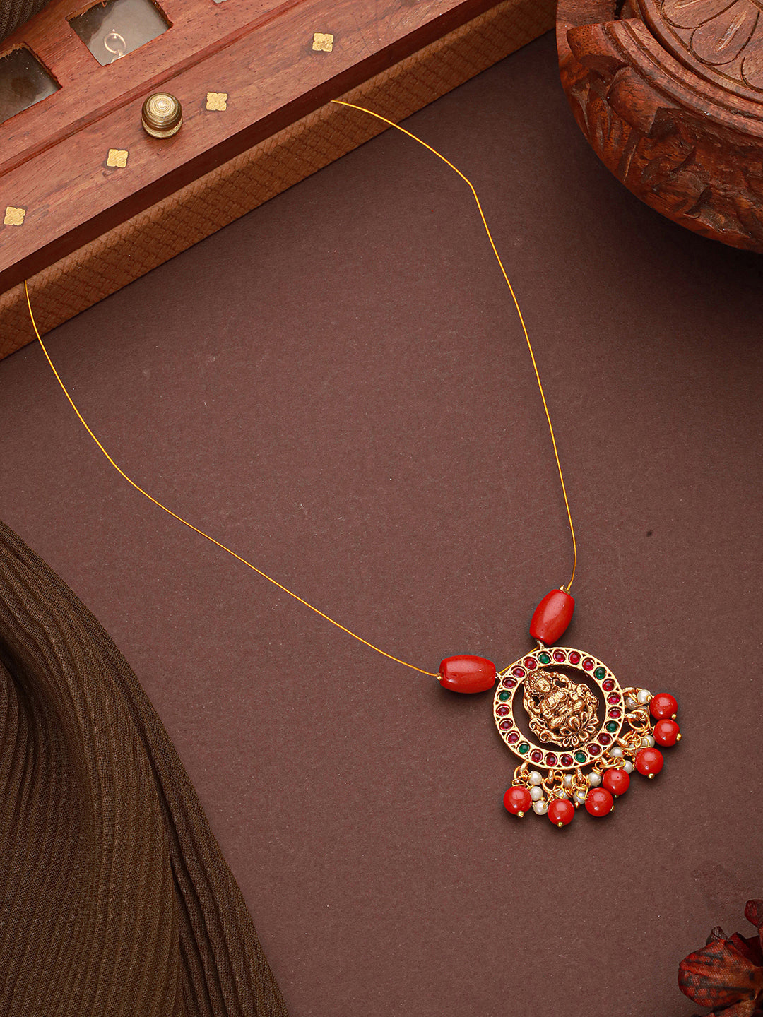 Gold Plated Coral Beaded Temple  Lakshmiji Minimal Invisible Necklace & Chain