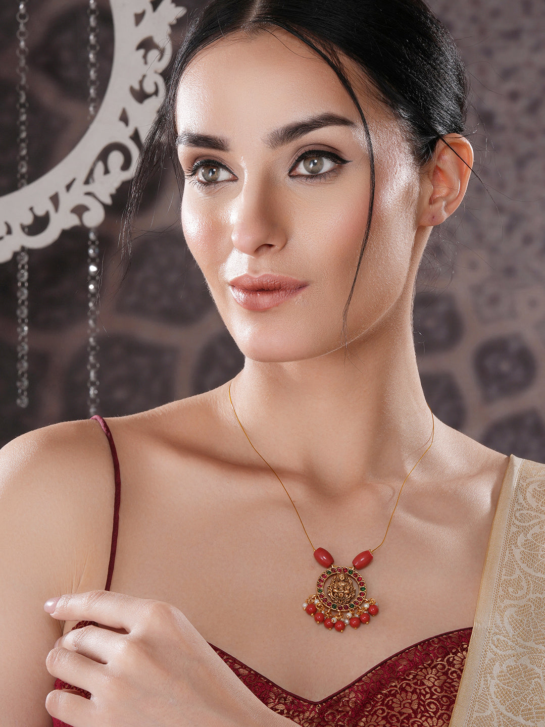 Gold Plated Coral Beaded Temple  Lakshmiji Minimal Invisible Necklace & Chain