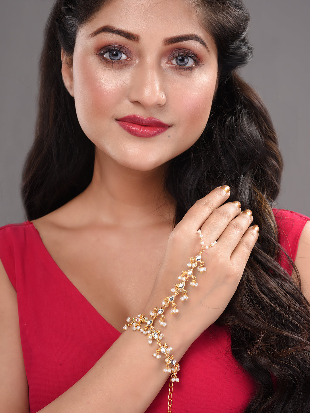 Gold Plated Kundan studded Ring Bracelet