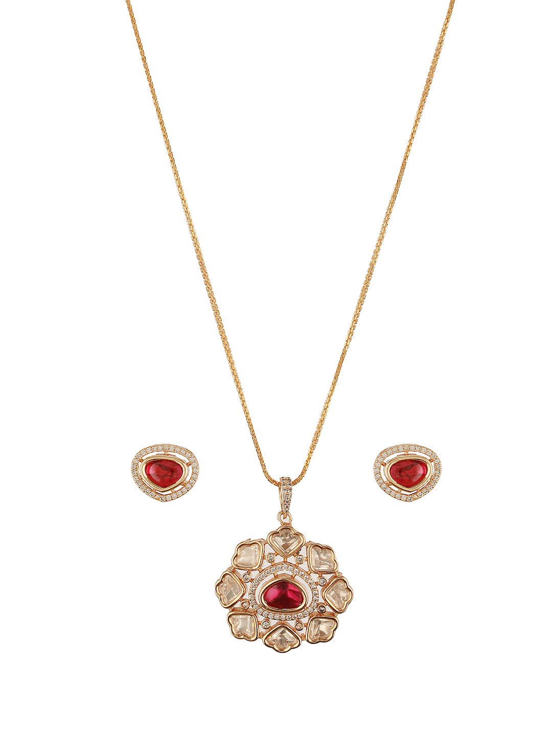 Gold Plated Ruby Red Kundan Studded Quirky  Floret Locket Pendant Jewellery Set