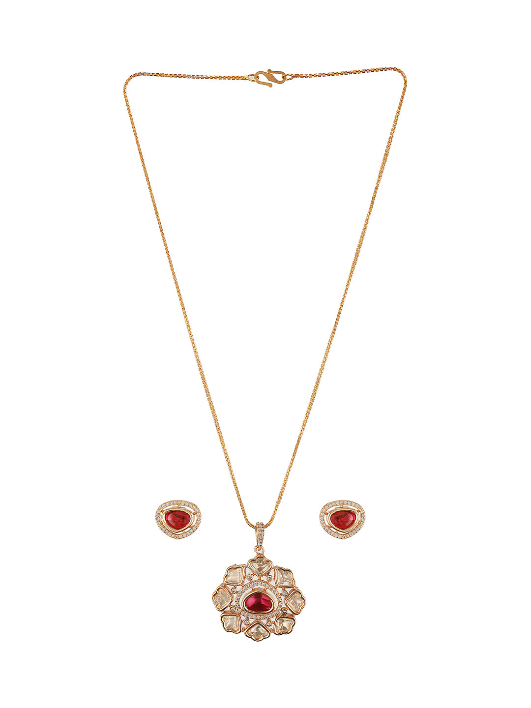 Gold Plated Ruby Red Kundan Studded Quirky  Floret Locket Pendant Jewellery Set