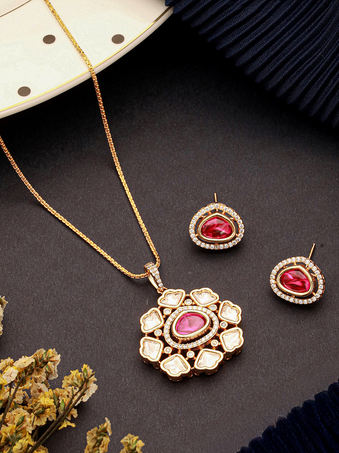 Gold Plated Ruby Red Kundan Studded Quirky  Floret Locket Pendant Jewellery Set