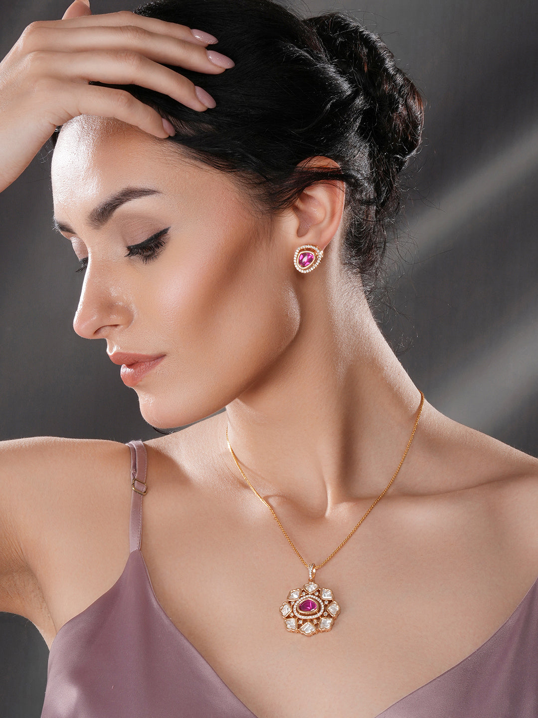 Gold Plated Ruby Red Kundan Studded Quirky  Floret Locket Pendant Jewellery Set