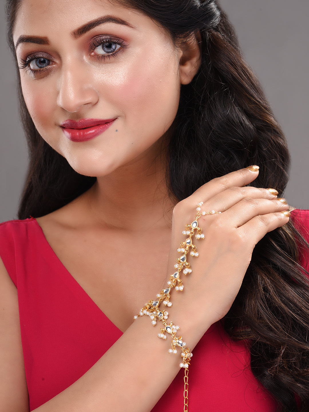 Gold Plated Kundan studded Ring Bracelet