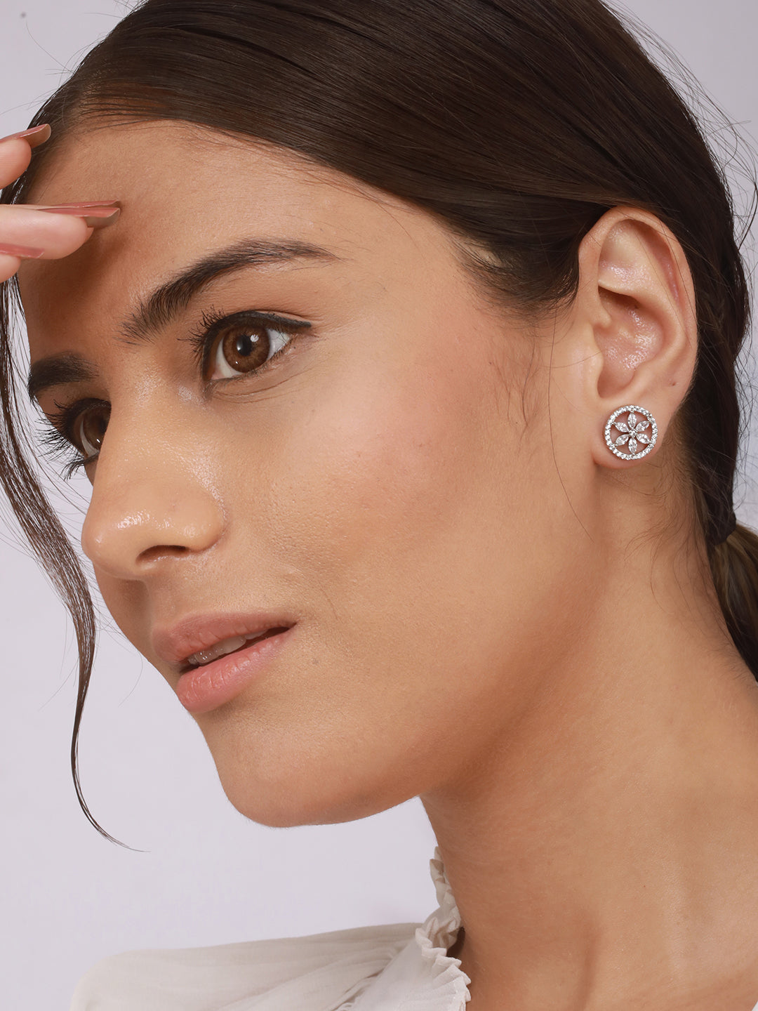 925 Sterling Silver Rhodium Plated Cubic Zirconia Floral Studds Earrings