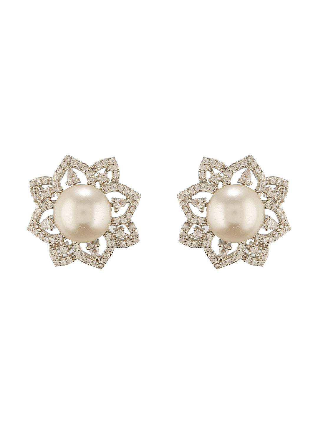 White Rhodium  Cubic Zirconia 2 Layered Pearl Beaded Statement Necklace Jewellery Set