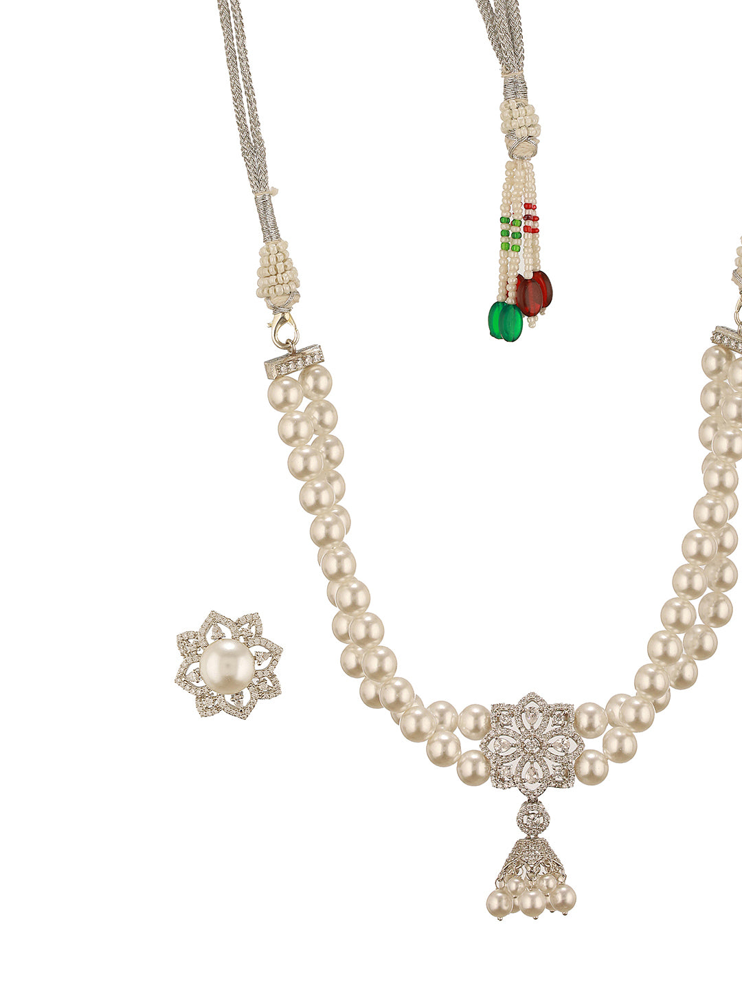 White Rhodium  Cubic Zirconia 2 Layered Pearl Beaded Statement Necklace Jewellery Set