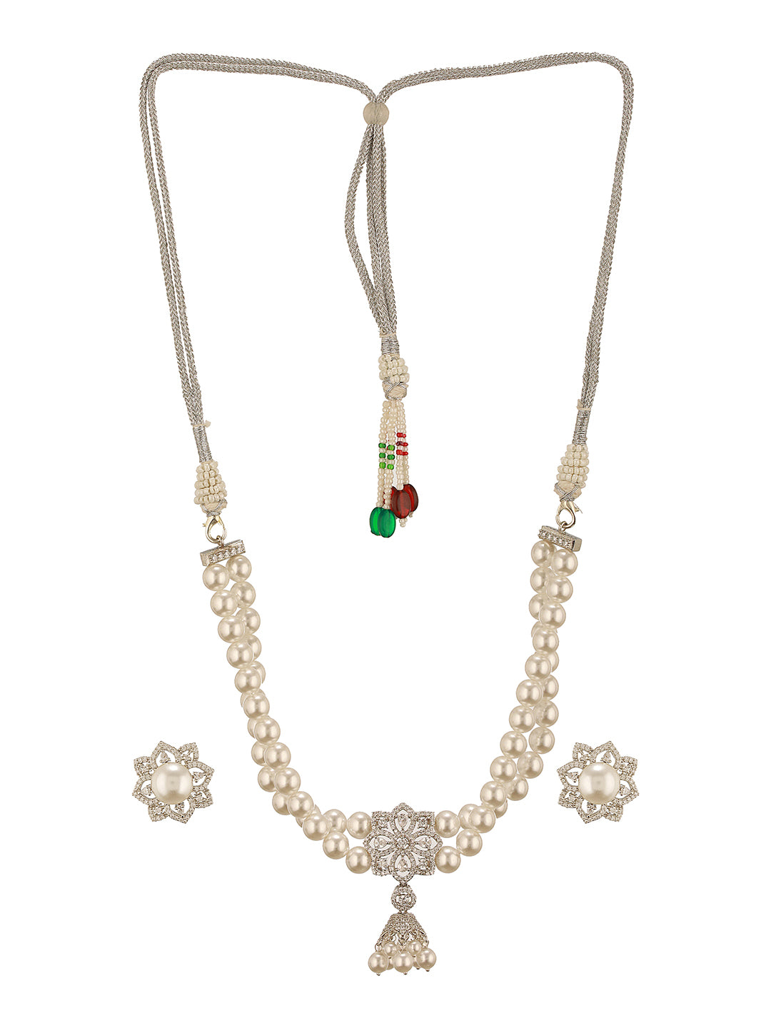 White Rhodium  Cubic Zirconia 2 Layered Pearl Beaded Statement Necklace Jewellery Set