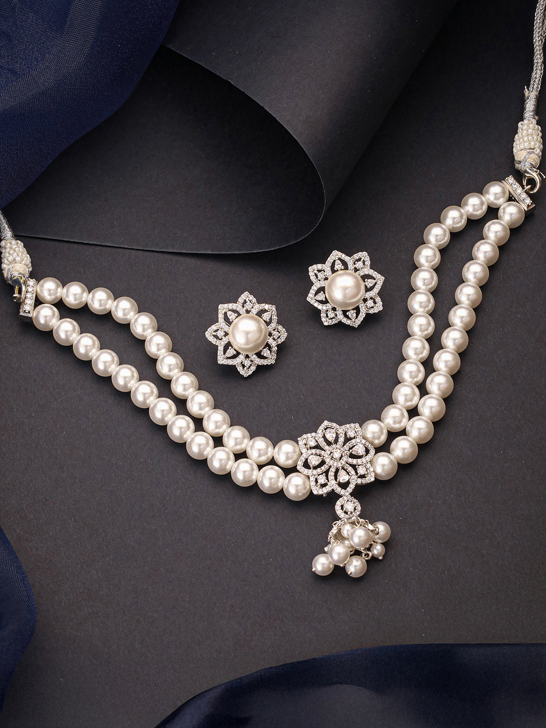 White Rhodium  Cubic Zirconia 2 Layered Pearl Beaded Statement Necklace Jewellery Set