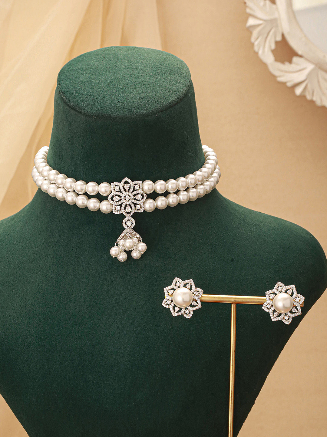 White Rhodium  Cubic Zirconia 2 Layered Pearl Beaded Statement Necklace Jewellery Set
