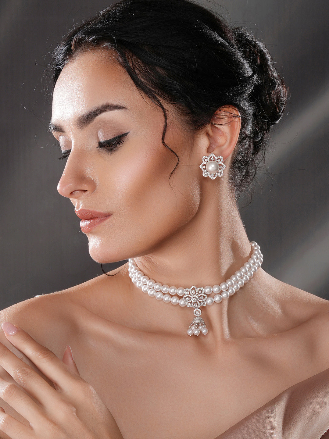 White Rhodium  Cubic Zirconia 2 Layered Pearl Beaded Statement Necklace Jewellery Set