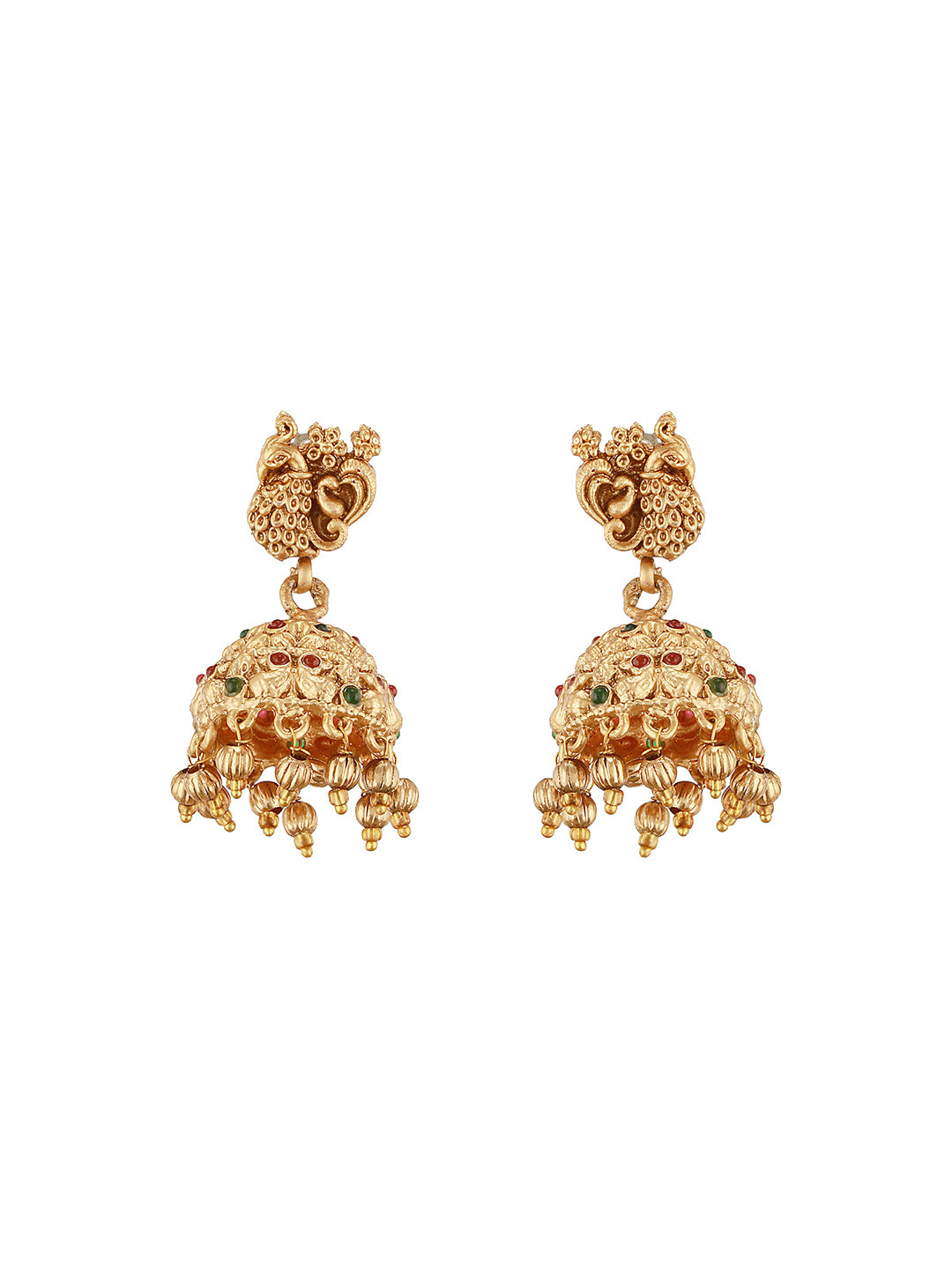 Antique Gold Plated Red & Green Kempo Temple Floral Peacock Long Haram Jhumka Jewellery Set