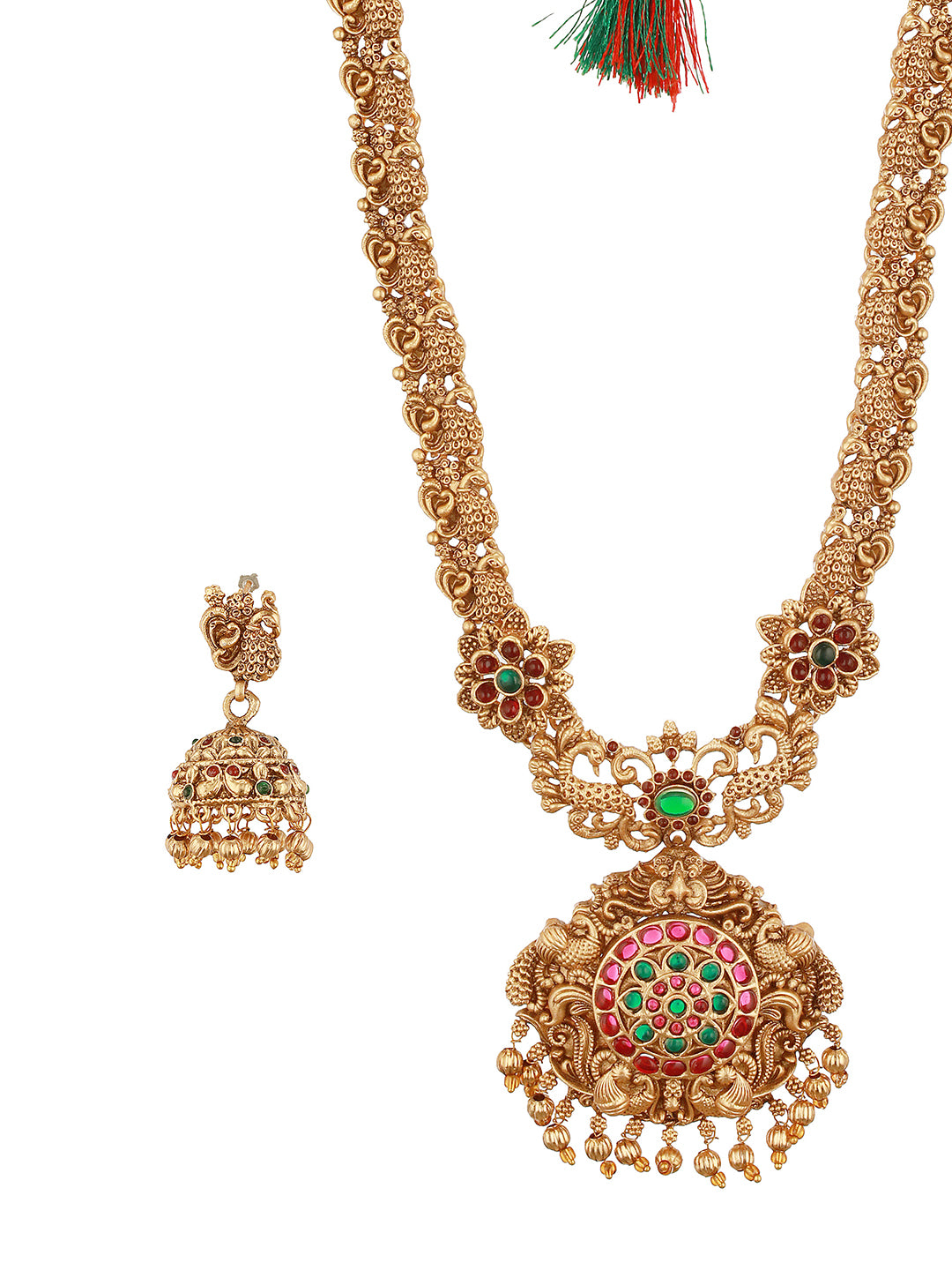 Antique Gold Plated Red & Green Kempo Temple Floral Peacock Long Haram Jhumka Jewellery Set