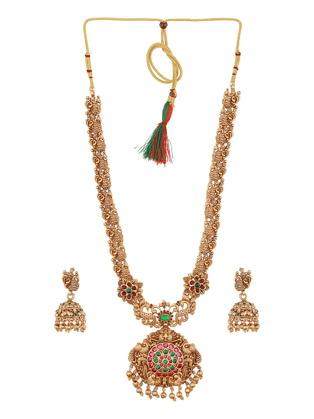 Antique Gold Plated Red & Green Kempo Temple Floral Peacock Long Haram Jhumka Jewellery Set