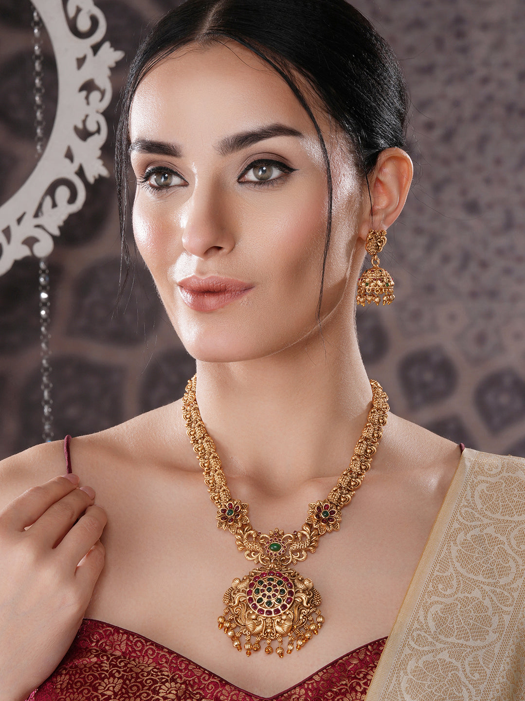 Antique Gold Plated Red & Green Kempo Temple Floral Peacock Long Haram Jhumka Jewellery Set