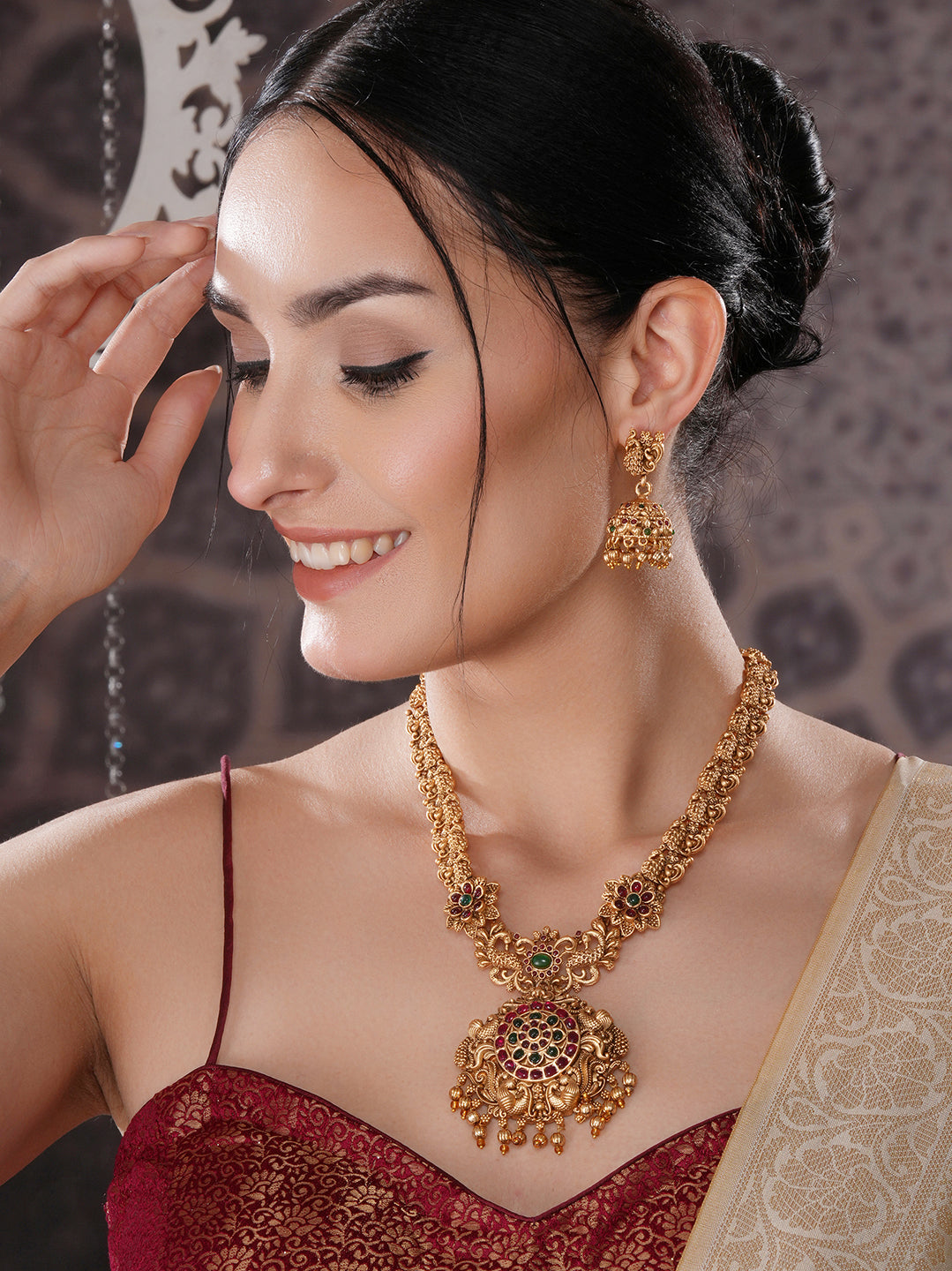 Antique Gold Plated Red & Green Kempo Temple Floral Peacock Long Haram Jhumka Jewellery Set