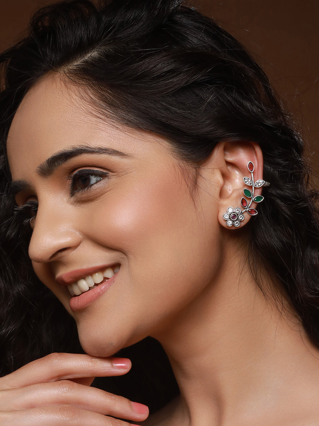 Oxidised Silver Plated Red Stone Studded Floral Ear Cuff Earrings