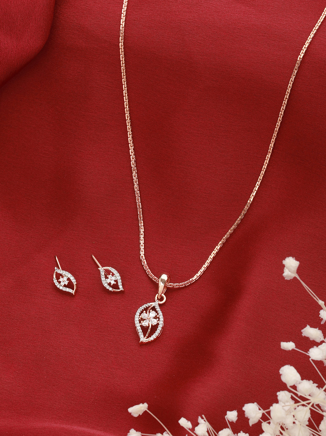 Rose Gold Plated Zircon Studded Minimal Floral Locket Jewellery Set