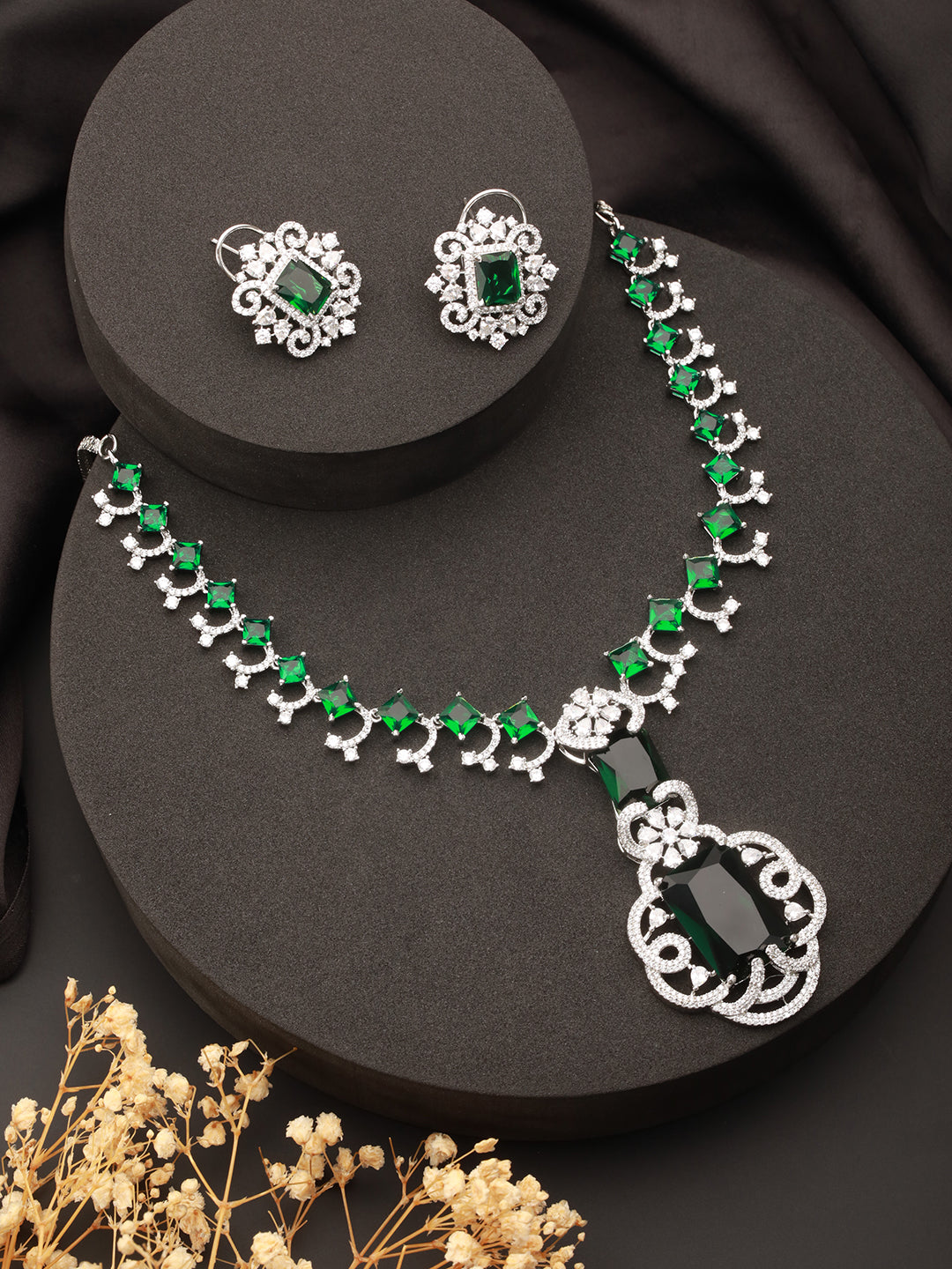 Silver Plated Emarald Green  CZ Studded  Designer Luxe Pendant Jewellery Set