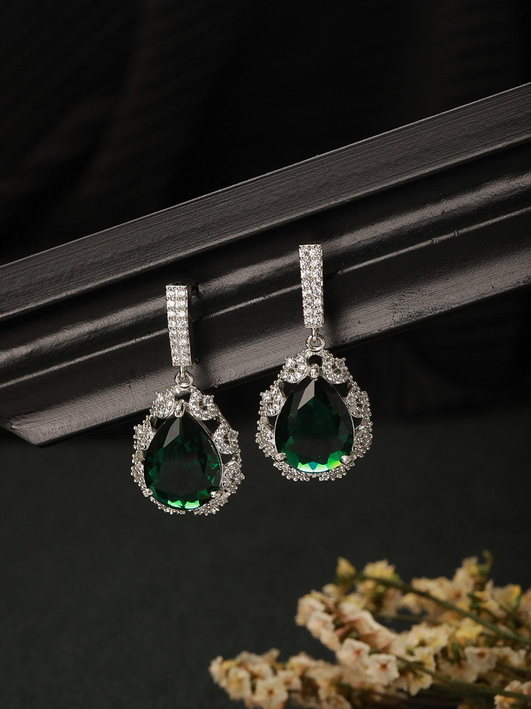 Silver Plated Emerald Green AD Tear Shaped Contemporary  Drop Earrings