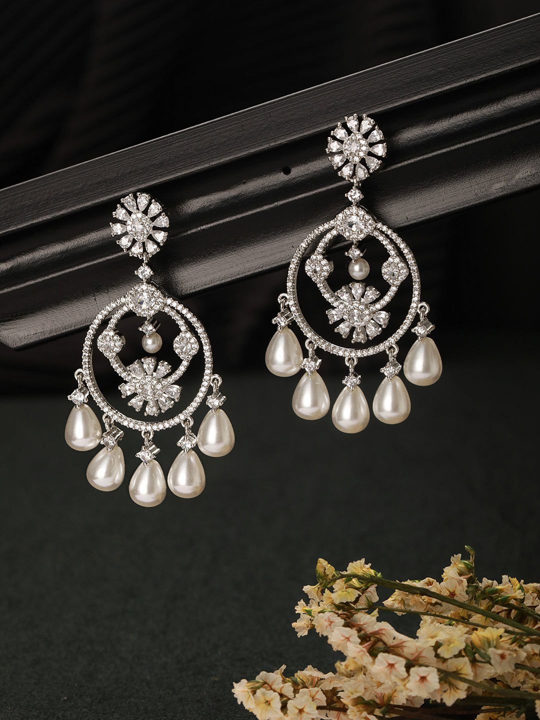 Silver Plated CZ Studded & Pearl Beaded Delicate Dangler Chandbali Earrings