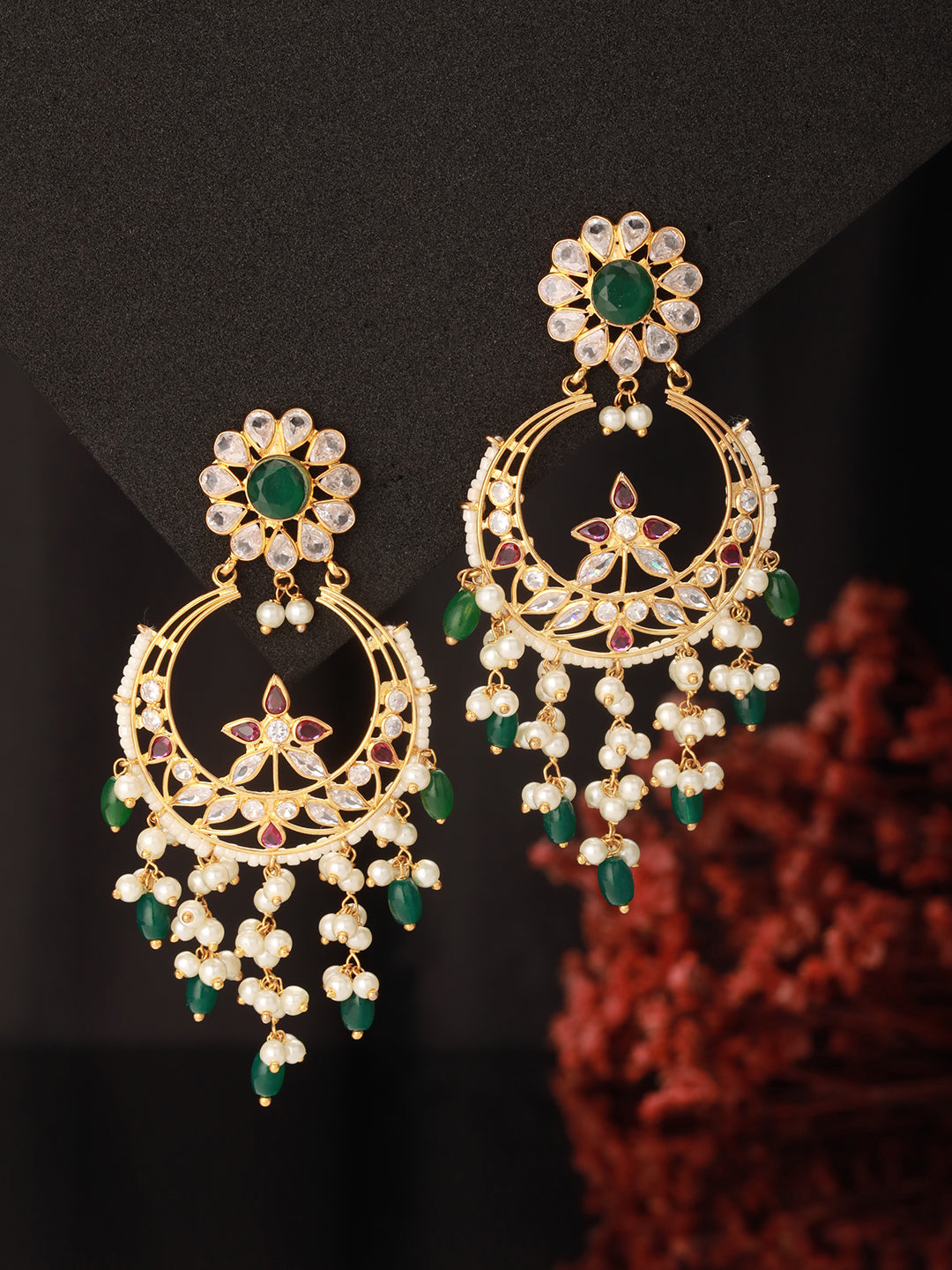 24K Gold Plated Red & Green Kundan & Pearl Beaded Bridal Chandbali Designer Earring