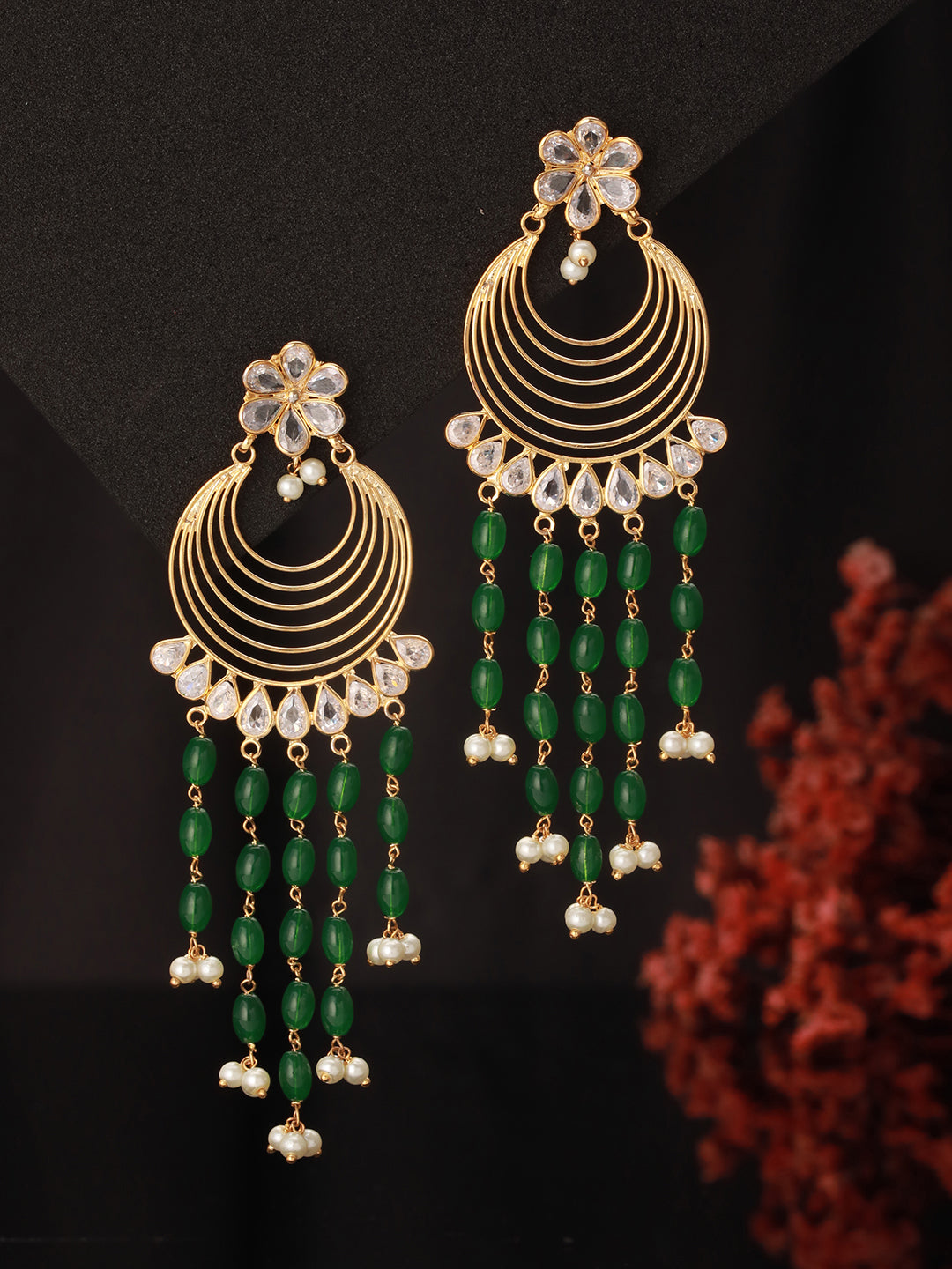 24K Gold Plated Kundan & Green Pearl Beaded Light Weight Bridal Floral Chandbali Earrings