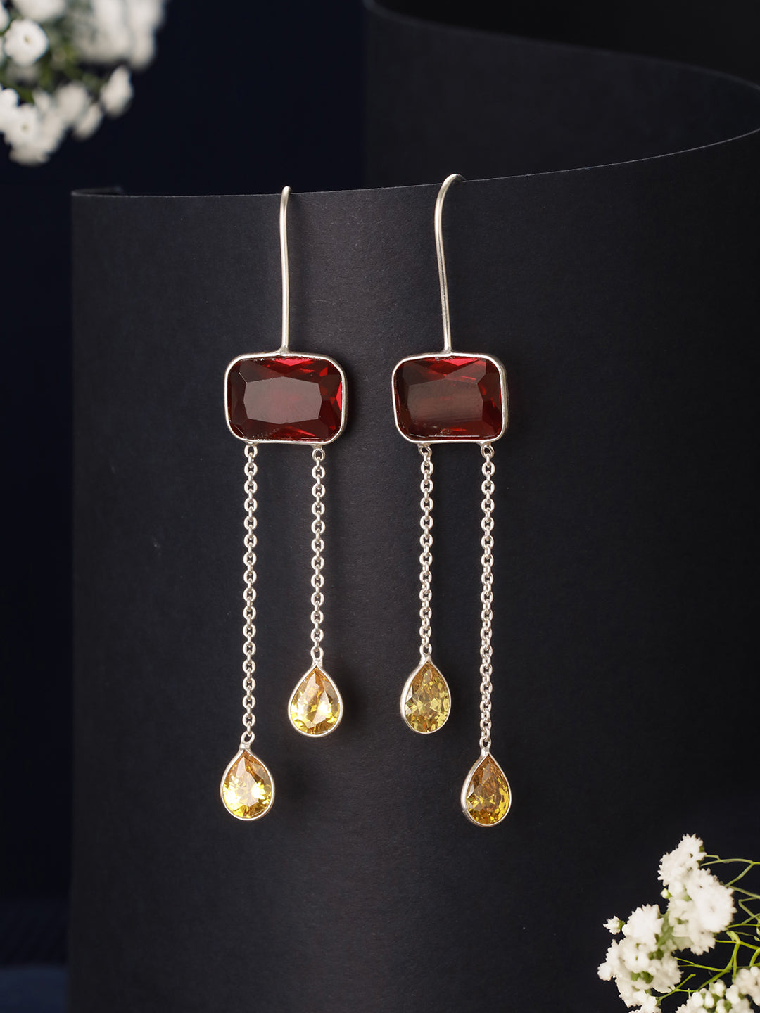 Silver Plated Red Ruby Crystal Dropdown Minimal Fishhook Earring