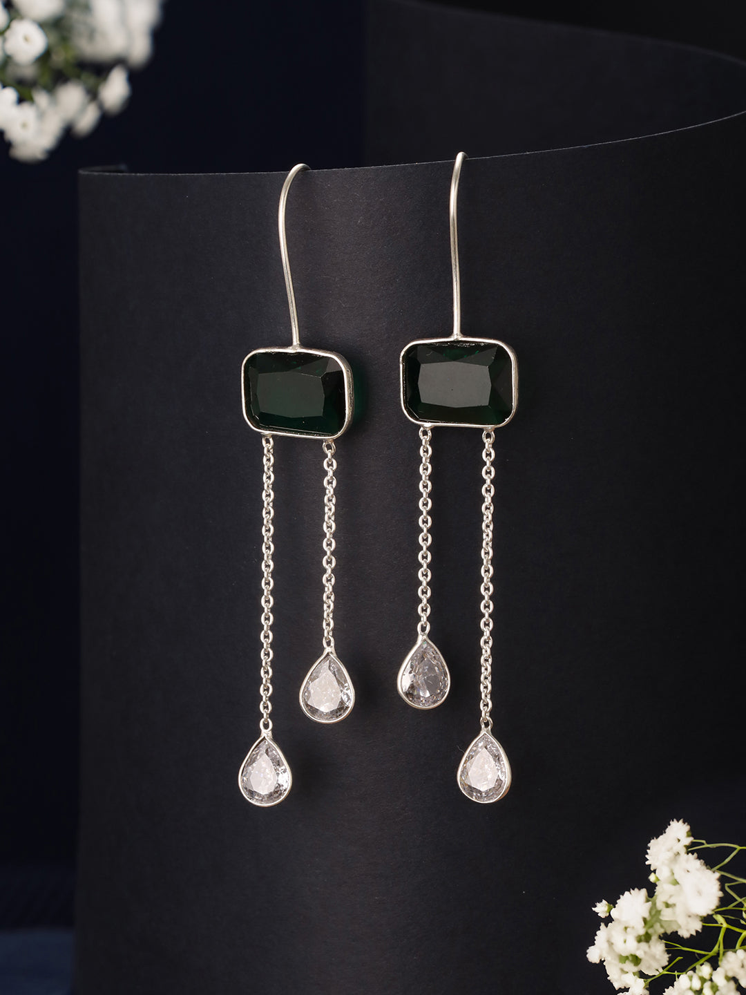 Silver Plated Green Crystal Dropdown Minimal Fishhook Earrings