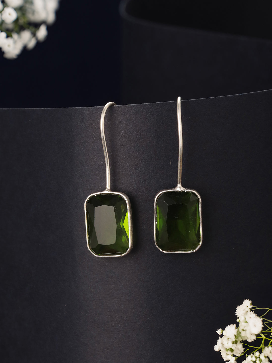 Silver Plated Oxidised Peridot Green Solitaire Minimal  Fish Hook Earrings