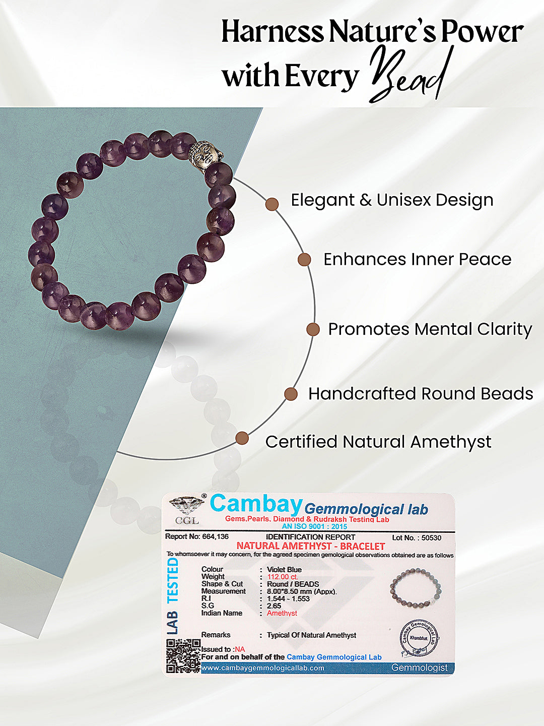 Natural Amethyst Stone Bead Bracelet for Positive Energy & Balance