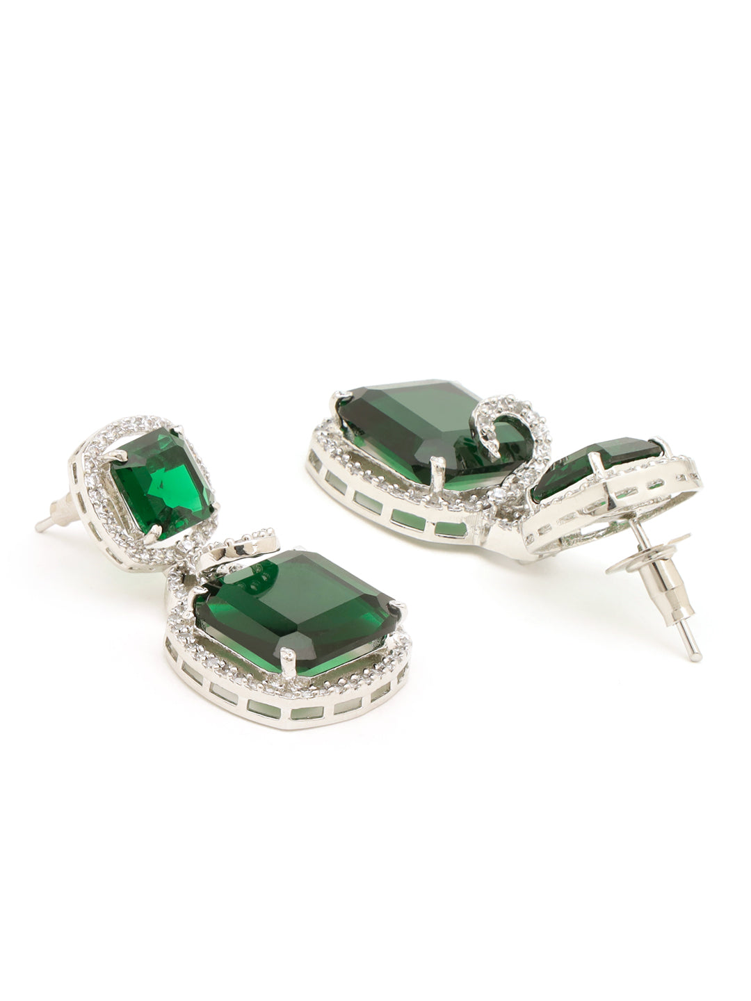 Silver  Toned  Royal Green AD Studded Statement Earrings for Women & Girls