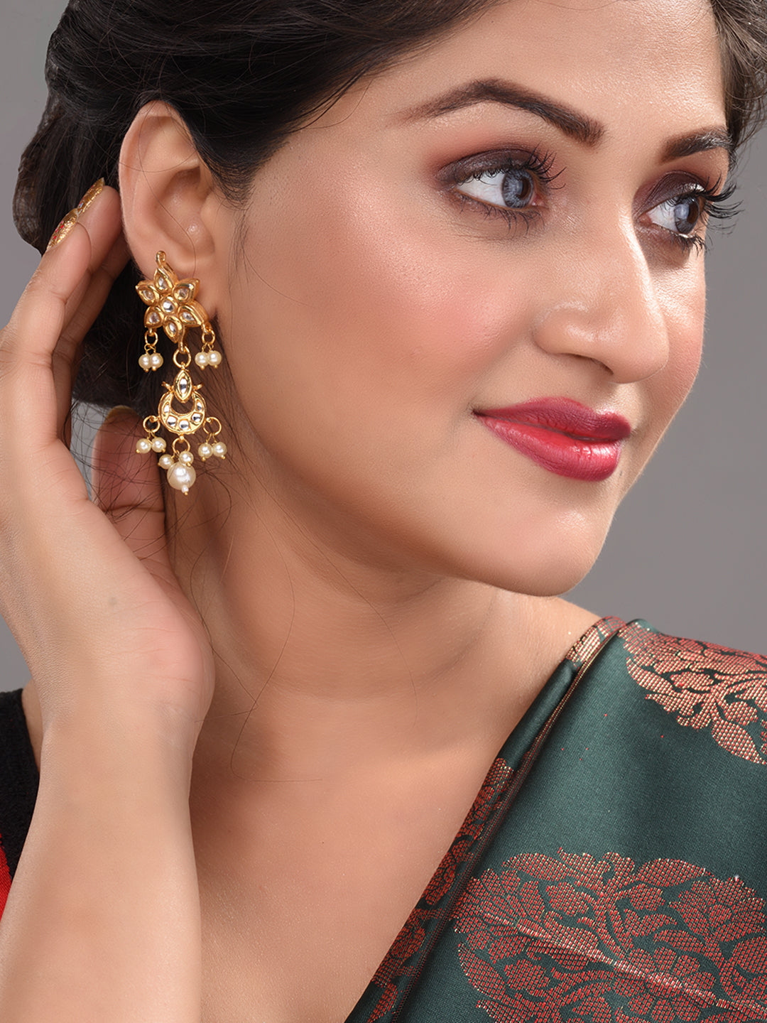 Gold Plated Kundan Studded Floral Chand Earrings